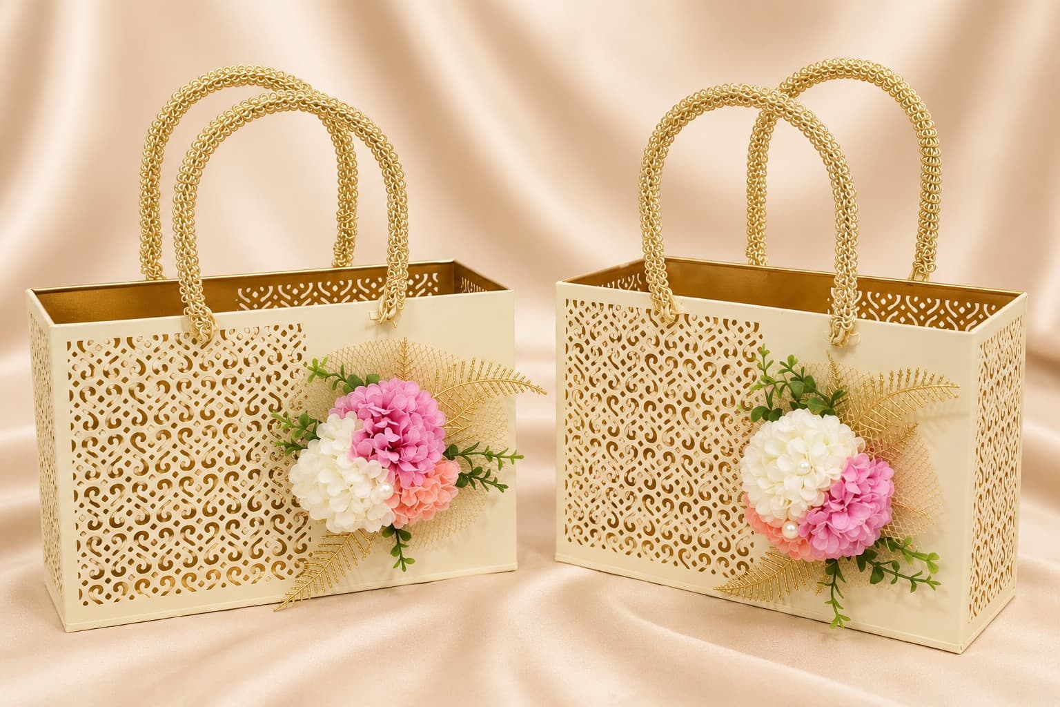 Bespoke trousseau hamper with laser-cut filigree detailing.